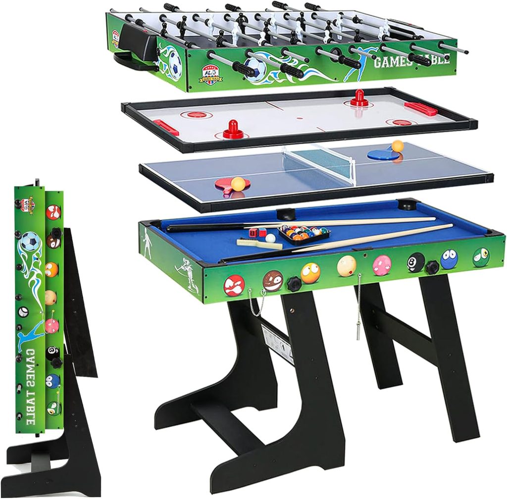 4in1 Portable Multi Game Table Combination Set Kids Childrens Family Home Play Room Archery air Hockey Pool Billiards Foosball Table Tennis Combo Green