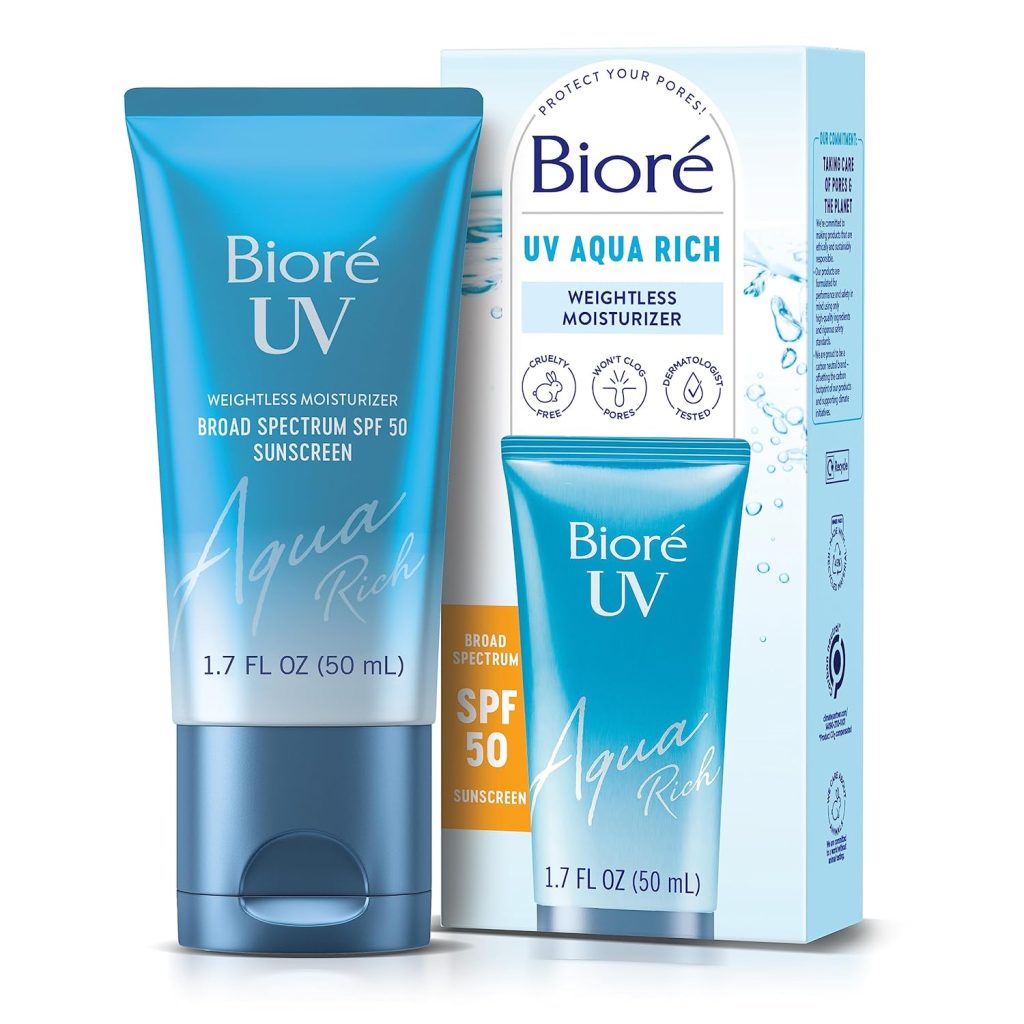 Bioré UV Aqua Rich SPF 50 Moisturizing Sunscreen for Face, Oxybenzone  Octinoxate Free, Dermatologist Tested, Vegan, Cruelty Free, For Sensitive Skin, 1.7 Oz