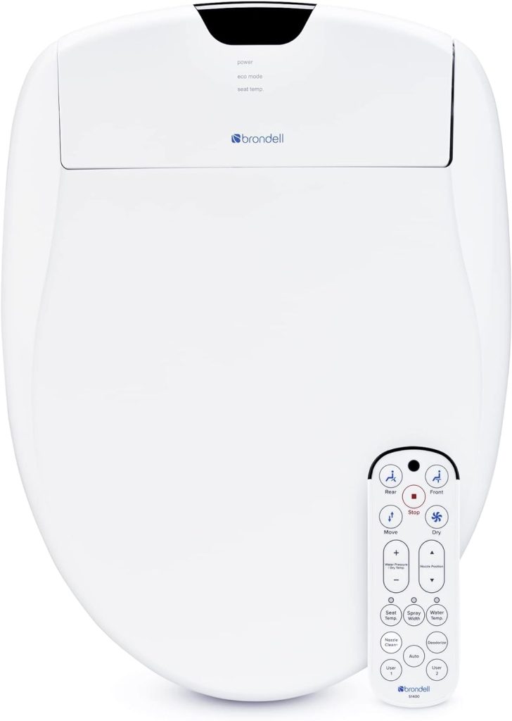 Brondell S1400-EW Swash Electric Bidet Toilet Seat With Oscillating Stainless Steel Nozzle, Warm Air Dryer, Heated, Night Light, Gentle Close Lid, Thin Profile, Remote Control, Elongated, White