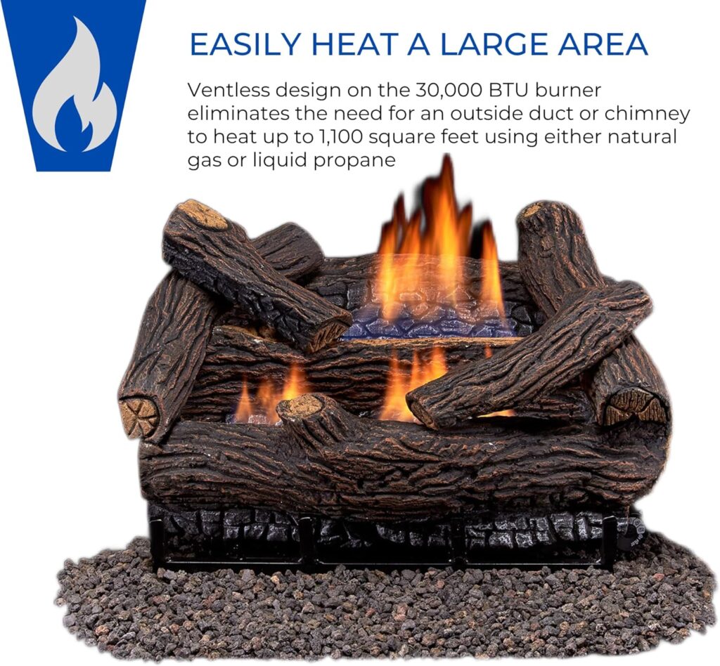 Duluth Forge DLS-18T-2 Dual Fuel Ventless Fireplace Logs Set with Thermostat, Use with Natural Gas or Liquid Propane, 30000 BTU, Heats up to 1000 Sq. Ft, Stacked Red Oak, 18 Inches