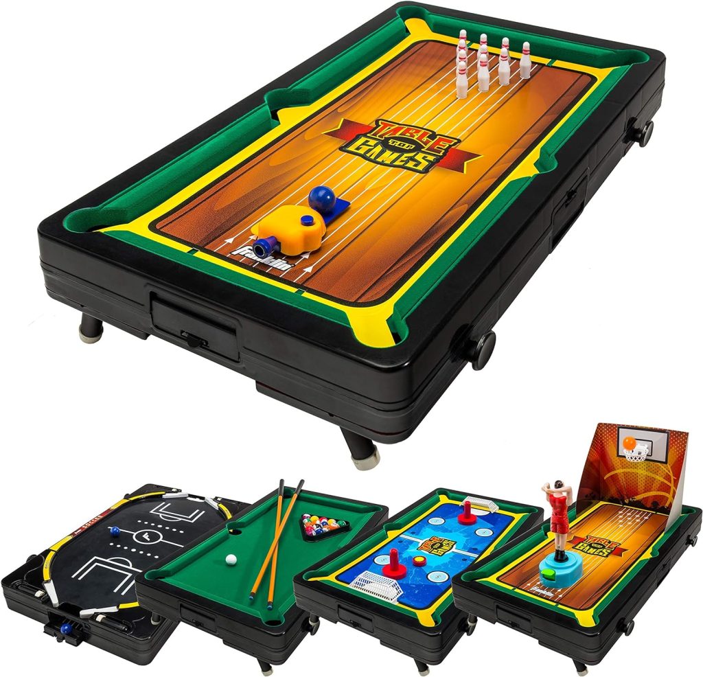 Franklin Sports Table Top Sports Game Set - 5-in-1 Sports Center Indoor Sports Games - Tabletop Soccer, Basketball, Hockey, Bowling + Pool