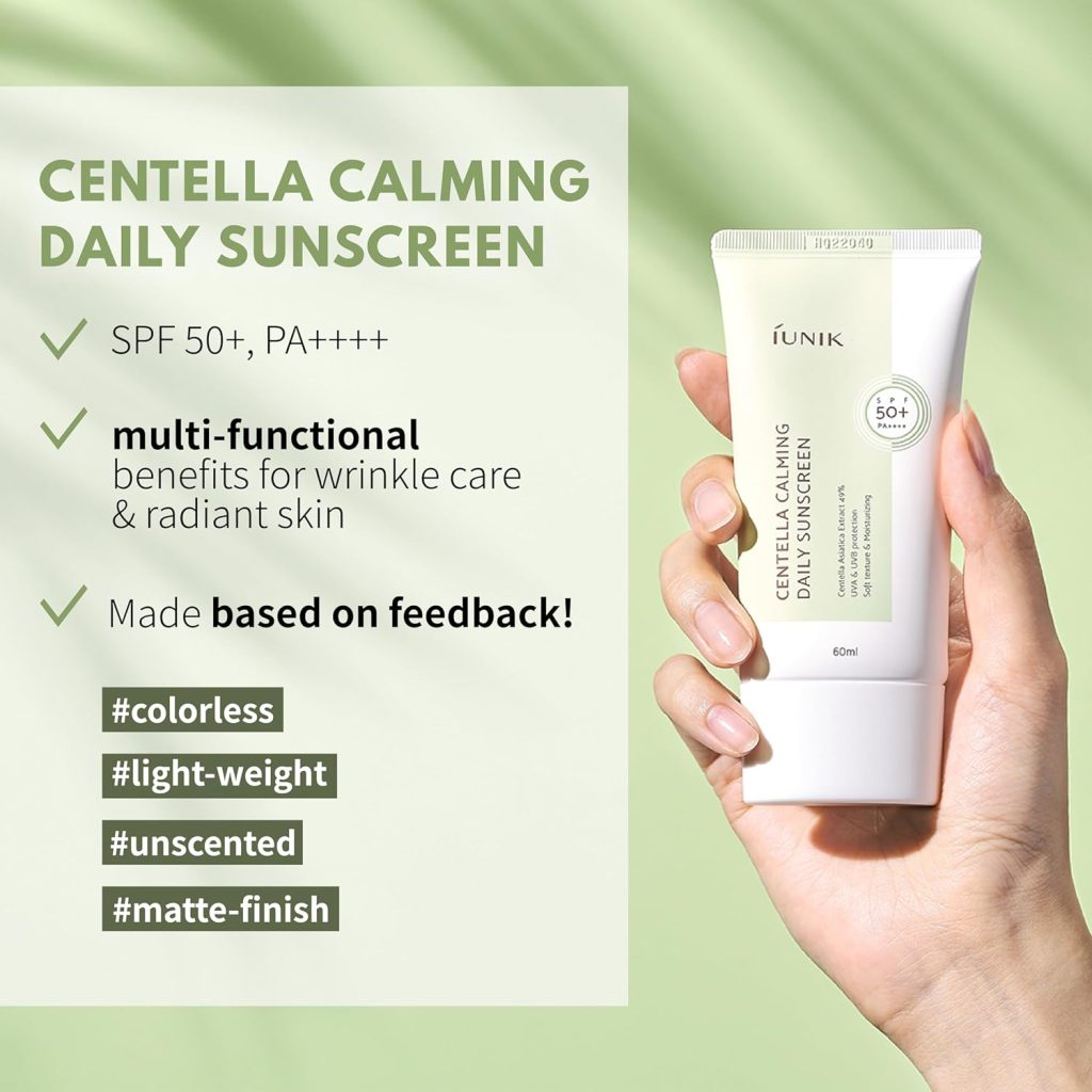 IUNIK Centella Calming Vegan Moisture SPF 50+ PA++++ Non-Sticky No White Cast Light-Weight Daily Sunscreen Reef-Safe UVA UVB Matte-Finish No-Scent 2 Oz Beta-Glucan Dry Oily Sensitive Korean Skincare