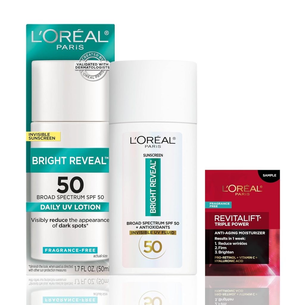 L’Oréal Paris Bright Reveal Broad Spectrum Daily SPF 50 Face Sunscreen UV Lotion, 1.7 fl oz + Moisturizer Sample