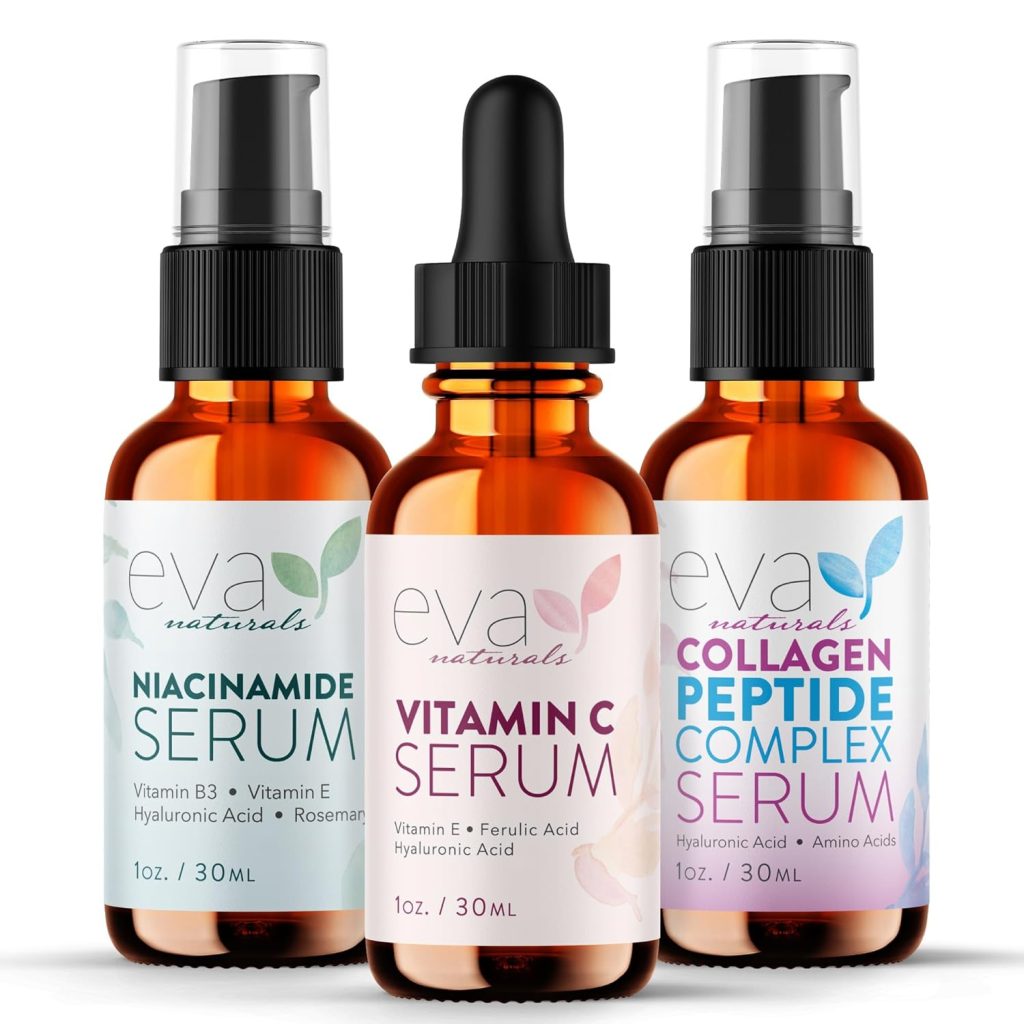 Natural Firm  Glow Skincare Set of 3 Serums – Skin Care Products With 20% Vitamin C Serum, Peptide Complex Serum, Niacinamide Vitamin B3 Serum - Peptides Serum for Face - Face Serum by Eva Naturals