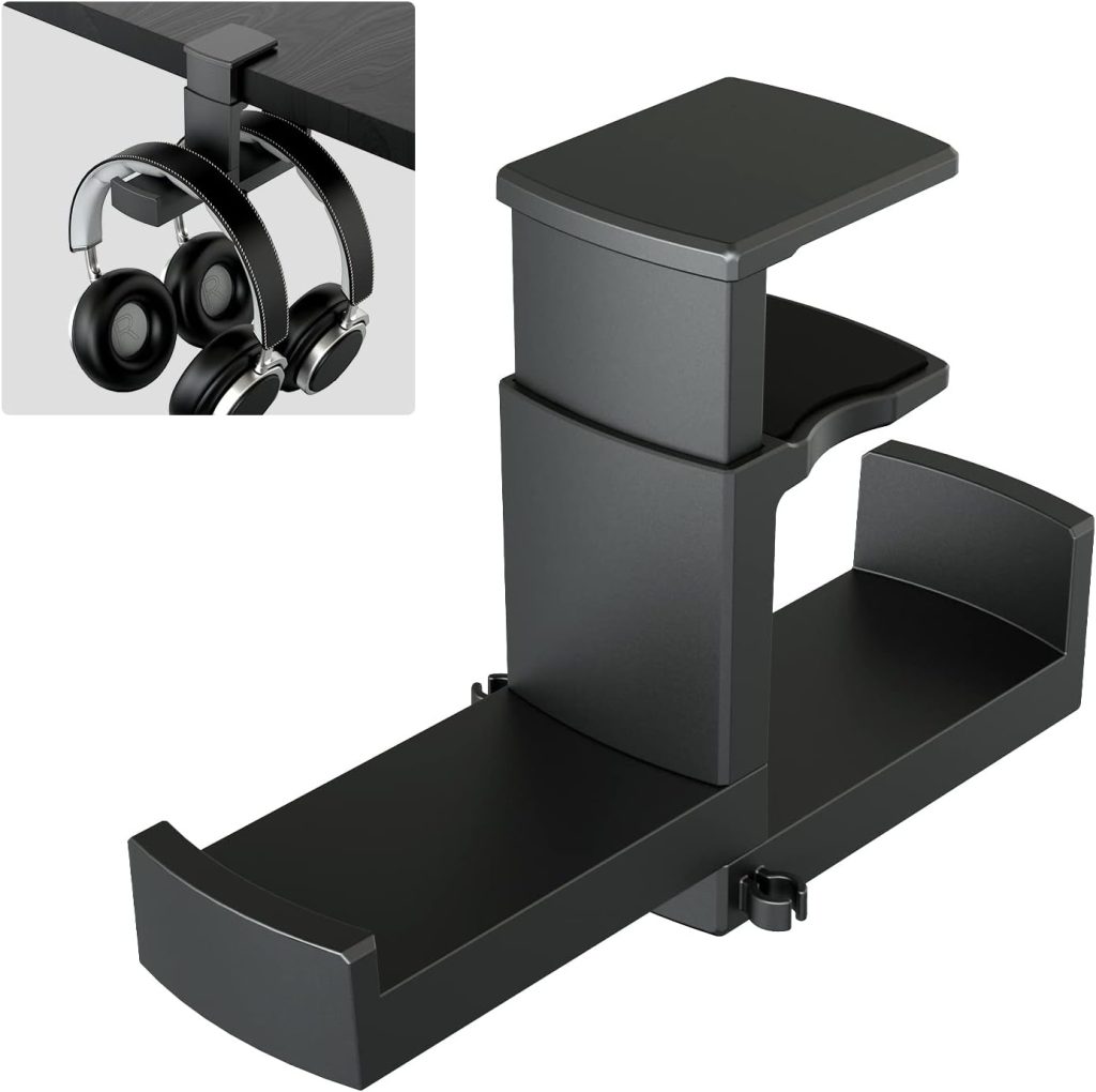 PC Gaming Headphone Stand,Dual Headset Hanger Hook Holder with Adjustable  Rotating Arm Clamp,Under Desk Design,Universal Fit,Built in Cable Clip Organizer EURPMASK