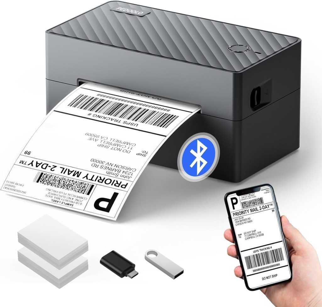 PEDOOLO Label Printer, Bluetooth Shipping Label Printer, 4x6 Thermal Printer for Shipping Packages, Compatible with Android.iOS.Windows, Mac, Chromebook, Amazon, Ebay, UPS.USPS, FedEx, Shopify