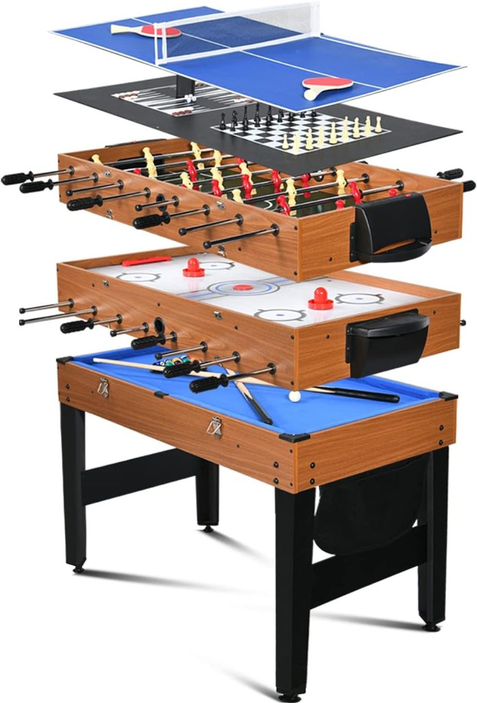 RayChee 7-in-1 Multi-Game Table with Air Hockey, Billiards, Foosball, Ping Pong, Shuffleboard, Chess and Backgammon - 48 Changeable Family Combo Game Table with Tabletop Inserts for Adults  Kids