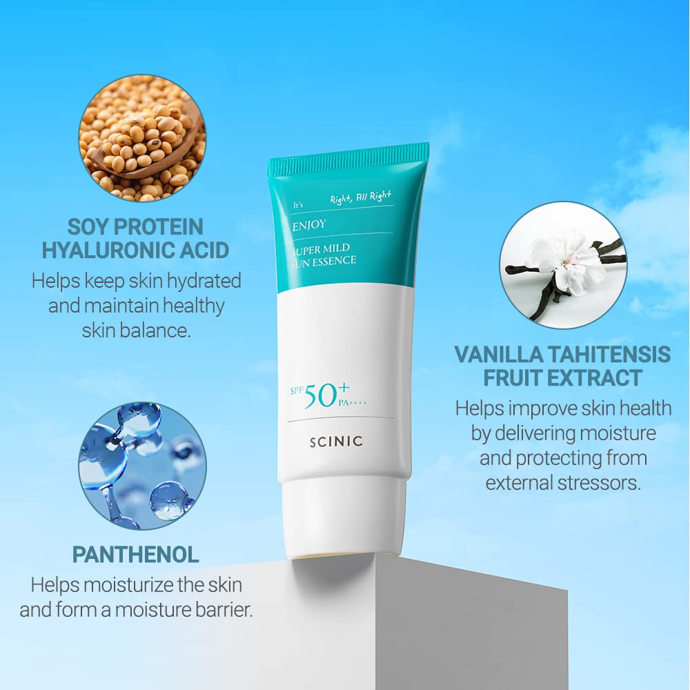 SCINIC Enjoy Super Mild Sun Essence SPF50+ PA++++ 1.69 fl oz(50ml) | A Lightweight Hydrating Sun Essence That leaves No Sticky Feeling | Korean Skincare