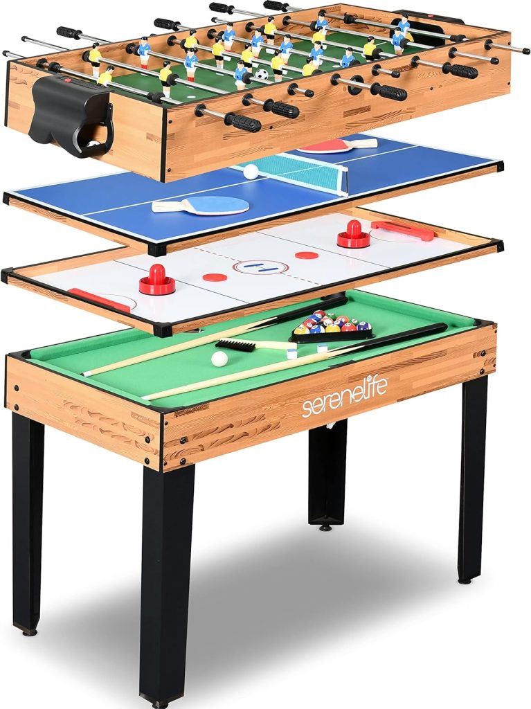 SereneLife Multi Game Table, 48 Sports Arcade Games with Accessories, Ping Pong, Hockey, Pool Billiards, Soccer Foosball All in One, for Indoor Outdoor, Family, Kids and Adults