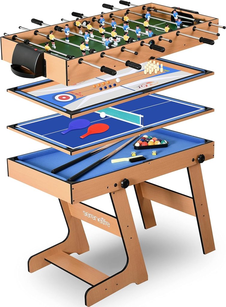 SereneLife Multi Game Table, 48 Sports Arcade Games with Accessories, Ping Pong, Hockey, Pool Billiards, Soccer Foosball All in One, for Indoor Outdoor, Family, Kids and Adults