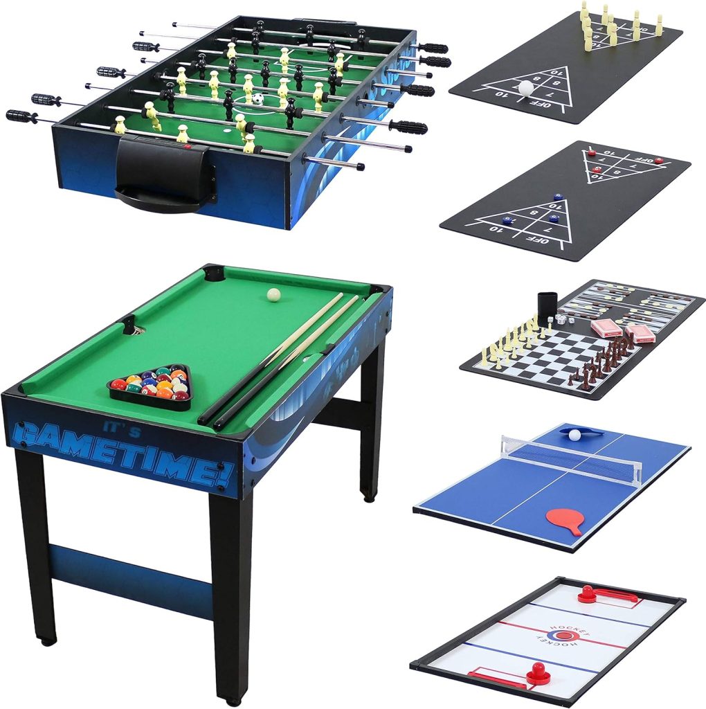 Sunnydaze 10-in-1 Game Table - Combination Multi-Game Table with Billiards, Push Hockey, Foosball, Ping Pong, and More - 49.5-Inch - Classic Wood Stain