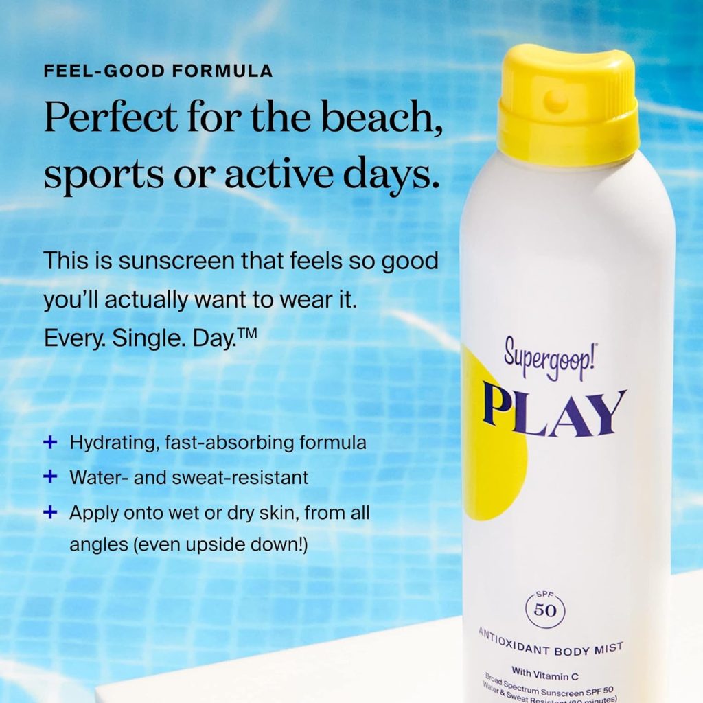 Supergoop! PLAY Antioxidant Body Mist w/ Vitamin C, 6 fl oz - SPF 50 PA++++ Broad Spectrum Sunscreen - Body Spray for Sensitive Skin - Clean Ingredients - Great for Active Days