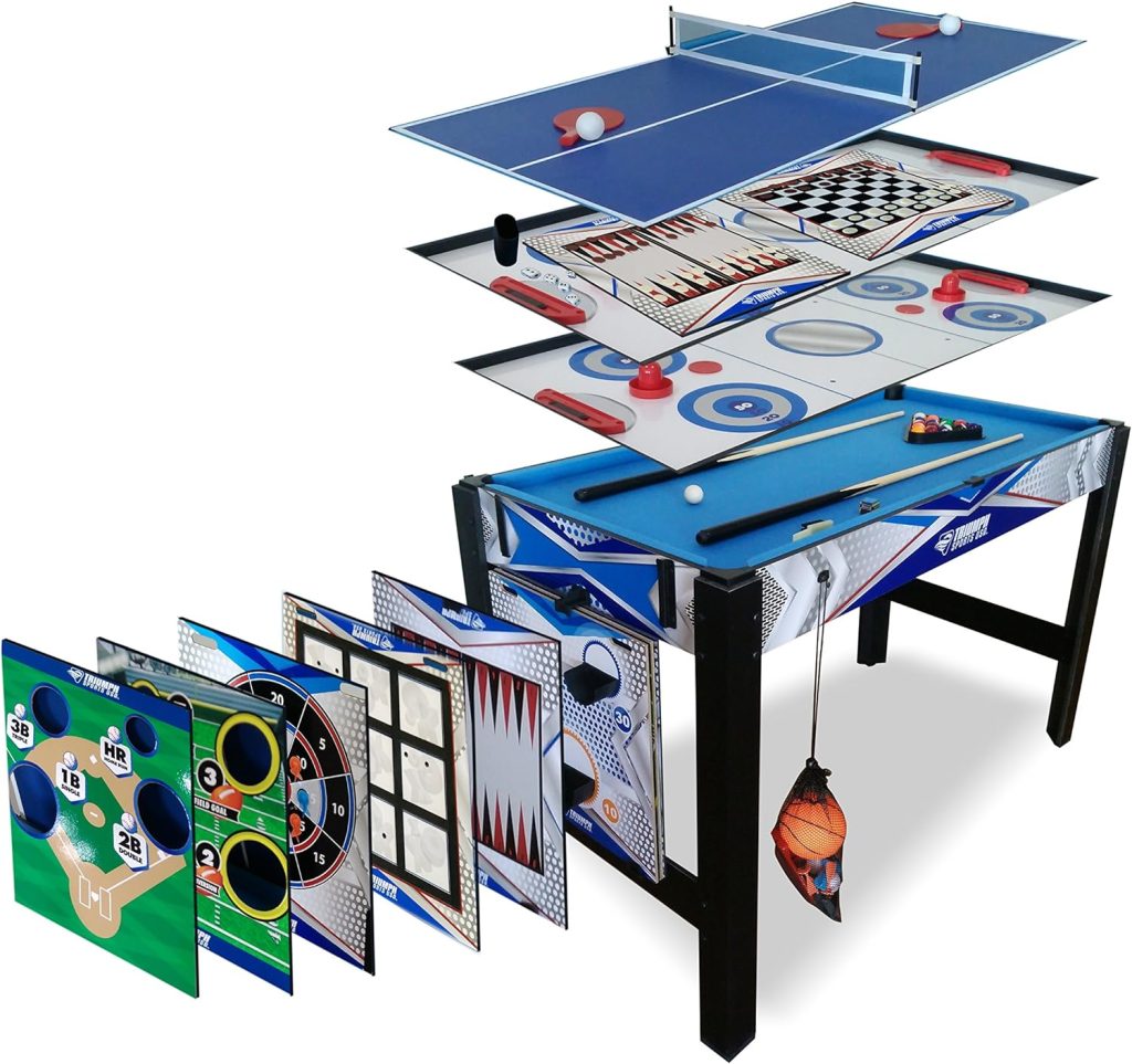 Triumph 13-in-1 Combo Game Table Includes Basketball, Table Tennis, Billiards, Push Hockey, Launch Football, Baseball, Tic-Tac-Toe, and Skee Bean Bag Toss