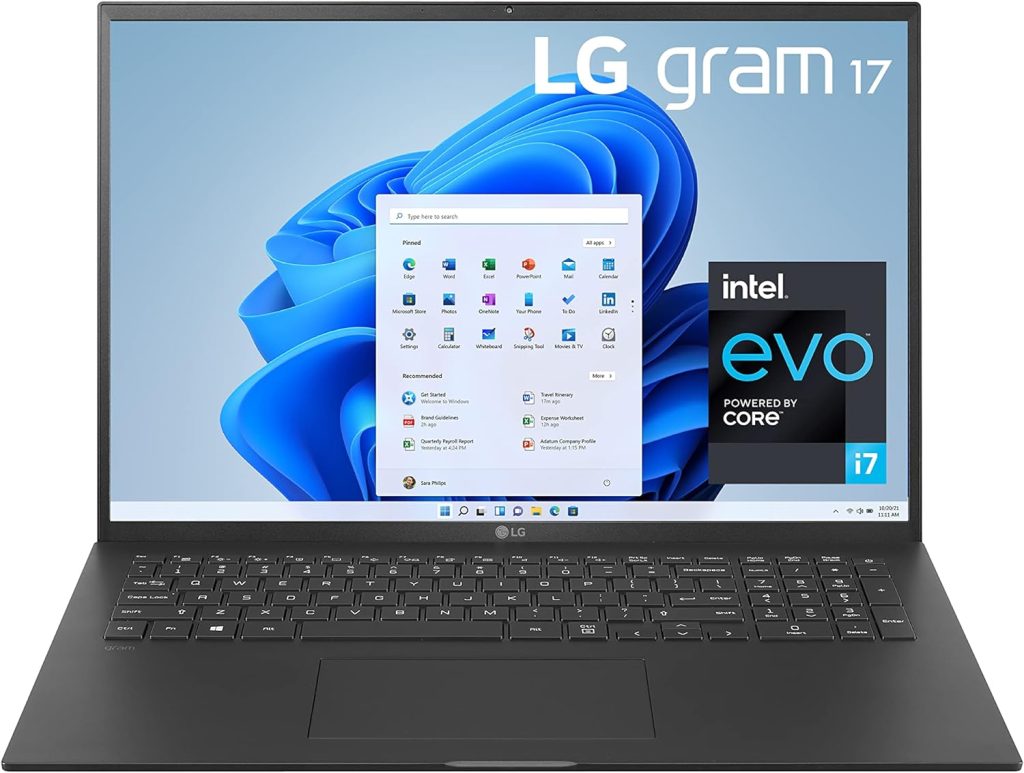 LG Gram 17Z95P Laptop 17 Ultra-Lightweight, IPS, (2560 x 1600), Intel Evo 11th gen CORE i7, 16GB RAM, 1TB SSD, Windows 11 Home, 80Wh Battery, Alexa Built-in, 2X USB-C, HDMI, USB-A – Black