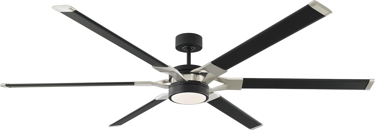 Monte Carlo 6LFR72MBKD Loft Industrial 72 Outdoor/Indoor Damp Ceiling Fan with LED Lights and Remote Control, 6 Aluminum Blades with Burnished Brass Arms, Midnight Black