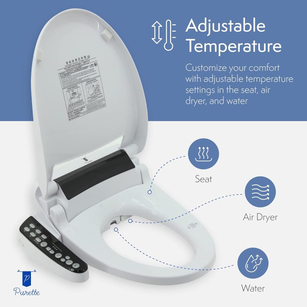 Purette Bidet Smart Toilet Seat, Elongated White with Quiet Close Lid, Adjustable Temp Heater, Water, Massage, Air Dryer, Simple Installation High Tech (Elongated, The Original)