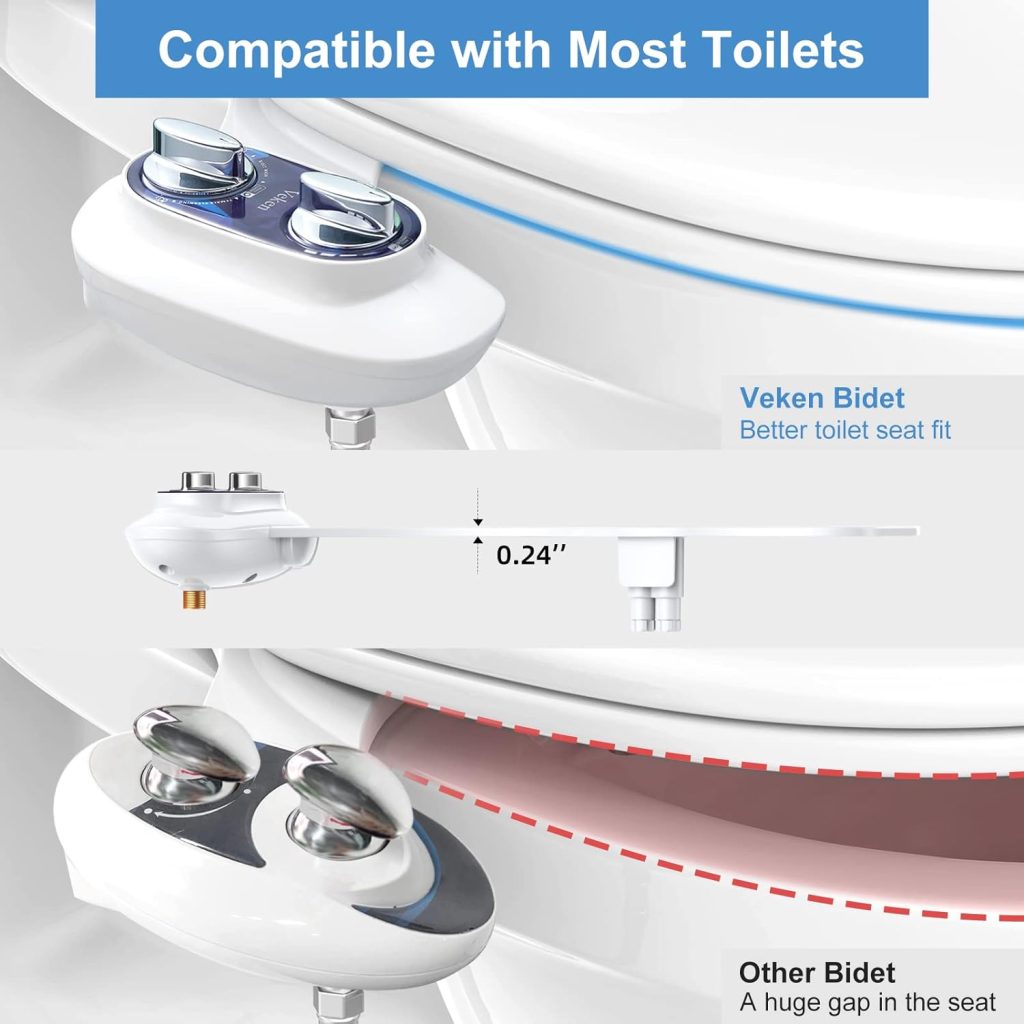 Veken Ultra-Slim Bidet Attachment for Toilet, Non-Electric Self-Cleaning Dual Nozzle (Feminine/Bidet Wash) Toilet Bidet, Fresh Water Sprayer Toilet Seat Attachment with Adjustable Pressure Control