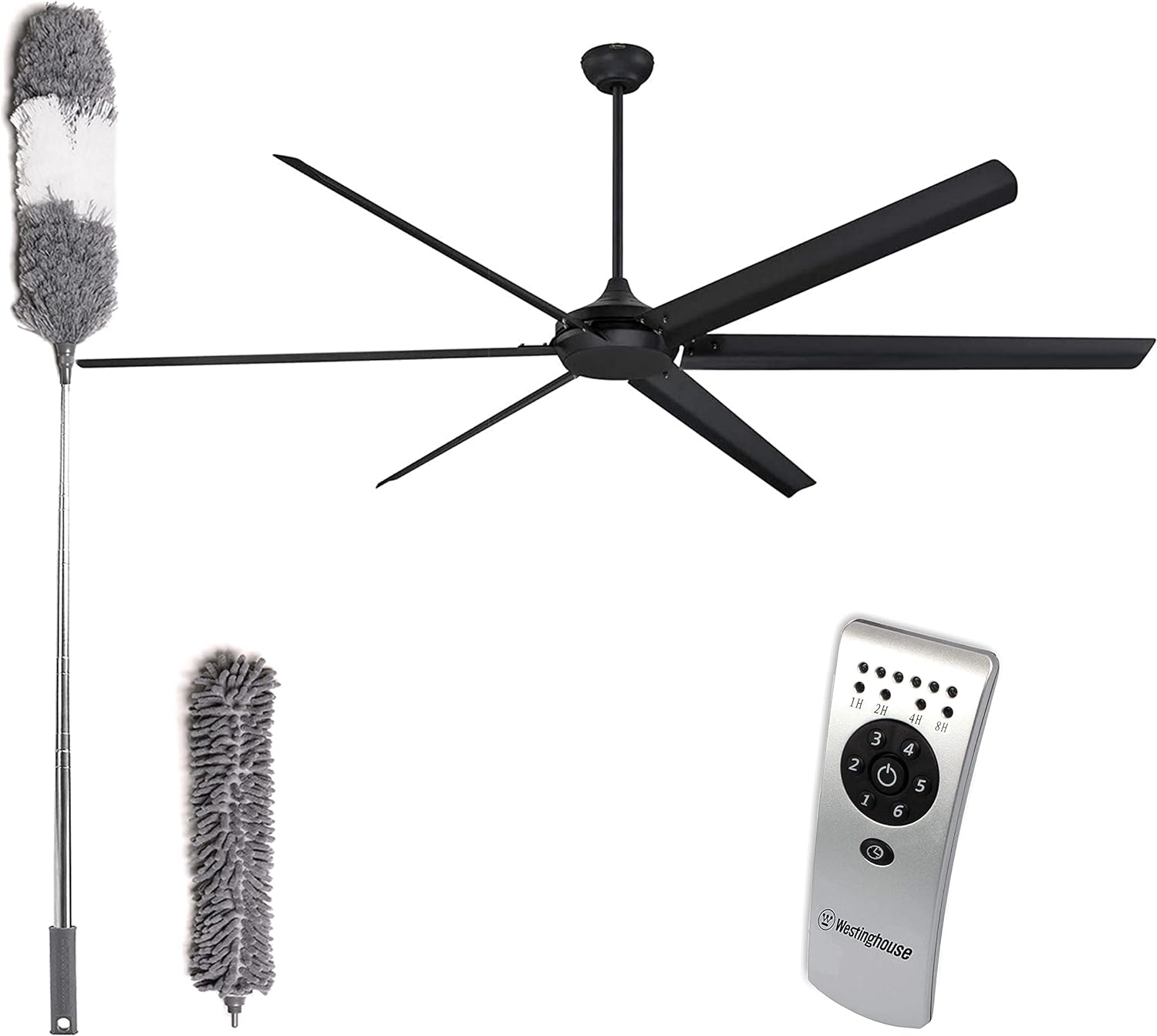 Westinghouse Indoor/Outdoor Ceiling fan with Remote Control and Wholesalehome Ceiling Fan Duster, Widespan 100 Inch Black Ceiling Fan for Garage, Patios, Gazebo, Industrial Use, Home, Living Décor